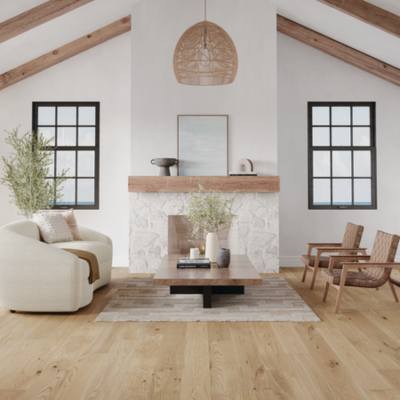 light hardwood flooring in living room with natural decor.